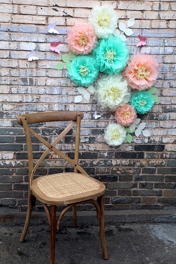 Fonder Mols Tissue Paper Chrysanth Flowers with Butterfly and Olive Leaves for Wedding Baby Shower Nursery Room Parties & Events Decorations Pom Poms (Cream Peach Mint)
