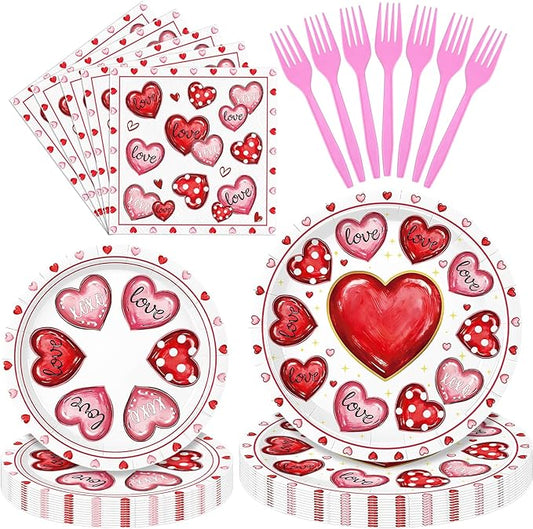 96 Pieces Valentine’s Day Tableware Set – Pink Red White Disposable Plates, Napkins, and Forks with Heart Designs for Valentine’s Parties, Weddings, and Romantic Celebrations – Serves 24 Guests