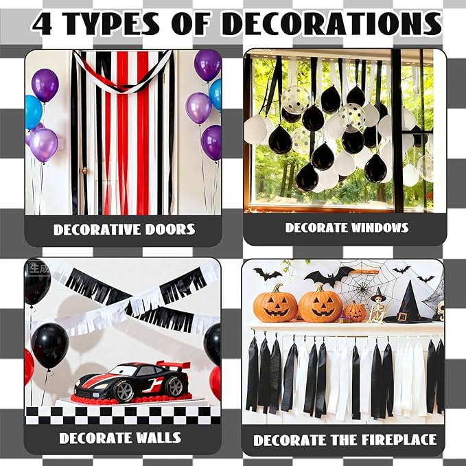Black White Crepe Paper Streamers 8 Rolls 32ft Race Car Birthday Party Supplies Baby Shower Sports Racing Decorations(1.77inx32ft)