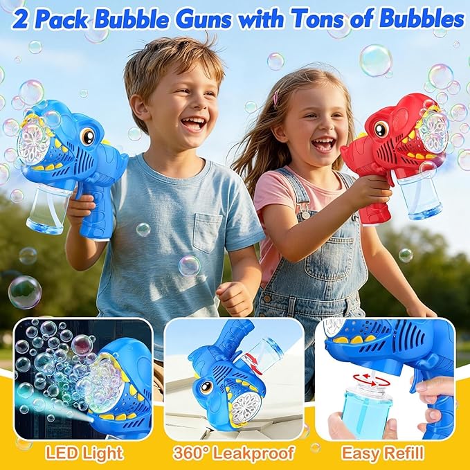 Bubble Machine Gun Kids Toys 2 Pack Rechargeable Bubble Guns with 4 Solutions Bubbles for Kids Toddlers Maker Blower Easter Basket Stuffers Dinosaur Outdoor Toys Valentines Boys Girls
