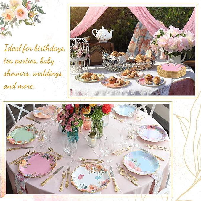 Kochorie 72 Pieces Floral Paper Plates, 9 Inch Floral Tea Party Disposable Plates, Wildflower Scalloped Dessert Plate for Birthday Baby Shower Wedding Garden Afternoon Decorations, 6 Styles