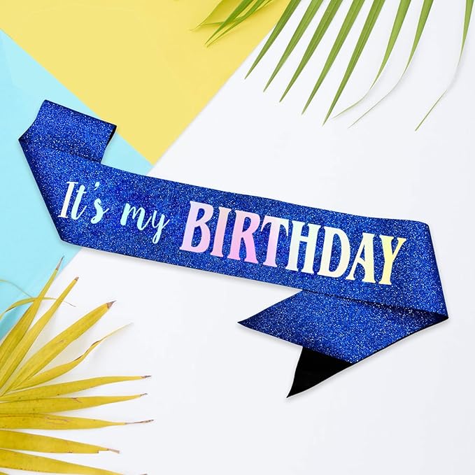 It's My Birthday Sash, Dazzle Foil Letter Glitter Royal Blue Birthday Sash for Women Men Girl Boy Kids Teenager Funny Bday Gifts Party Favors Photo Prop