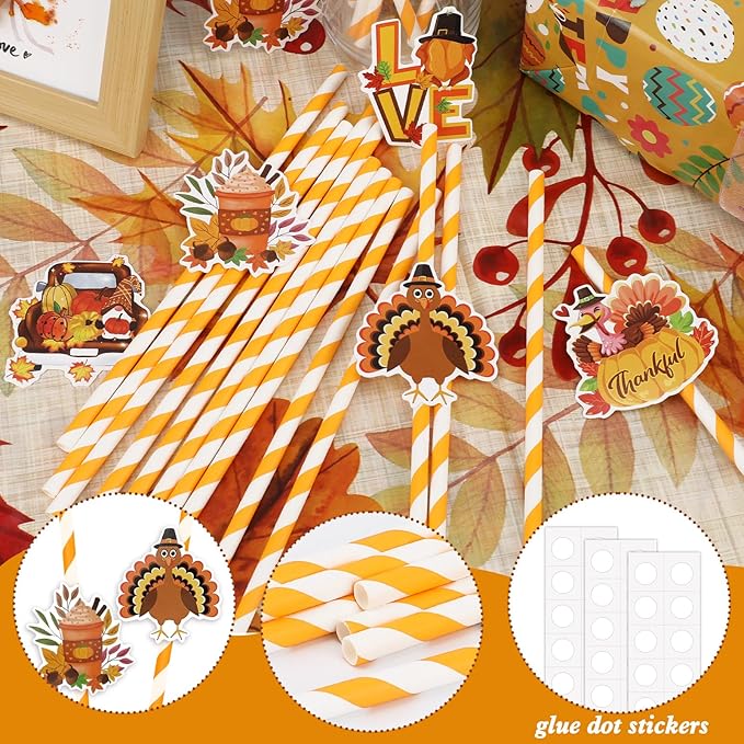 Konsait Thanksgiving Paper Straws, 24 PCS White Orange Striped Straws for Fall Harvest Party Decorations