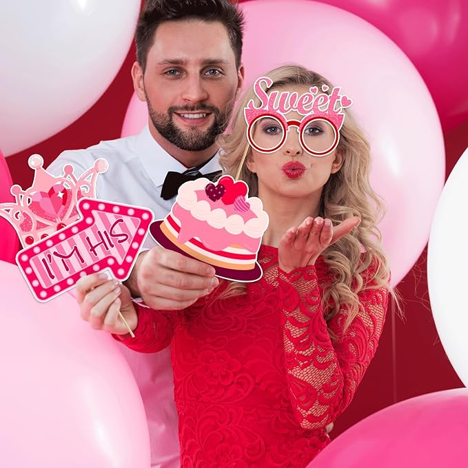 Happy Valentine's Day Photo Booth Props Kit, 24 PCS Selfie Photo Booth Accessories with “Happy Valentine’s Day” Signs, Cute Heart Themed Party Decorations for Valentine’s Party Favors（Red）