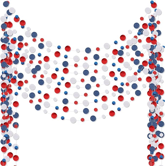 Outus 10 Pieces Blue,White,Red Round Dots Garland Graduation Party Hanging Decor Each Length 13.1ft Glitter Paper Dot Streamers for Birthday Wedding Classroom Supplies