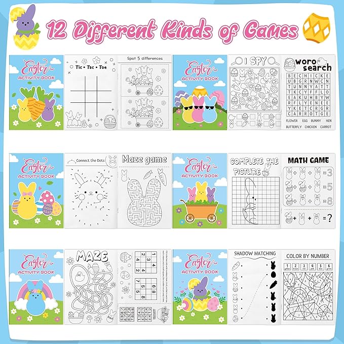 Easter Bunny Activity Books for Kids - 24Pcs Happy Easter Mini Games Coloring Book Set Rabbit Theme Bulk Mazes Word Search Word Scramble Games for School Classroom Spring Holiday Party DIY Favor
