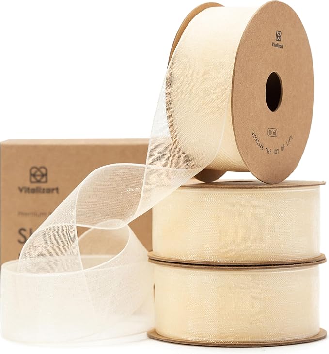 Vitalizart Ivory Cream Ribbon Organza Sheer Ribbon 1 inch x 30Yd Handmade Fabric Ribbons for Gift Wrapping Christmas Tree Crafts Bows Wedding Invitations Wreaths Wrap