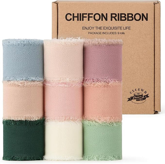 Mixed Color Chiffon Ribbon 1" x 27 Yd Handmade Fringe Silk Chiffon Fabric Ribbon for Gift Wrapping Wedding Invitation Bridal Flower Bouquet DIY Crafts Home Decor