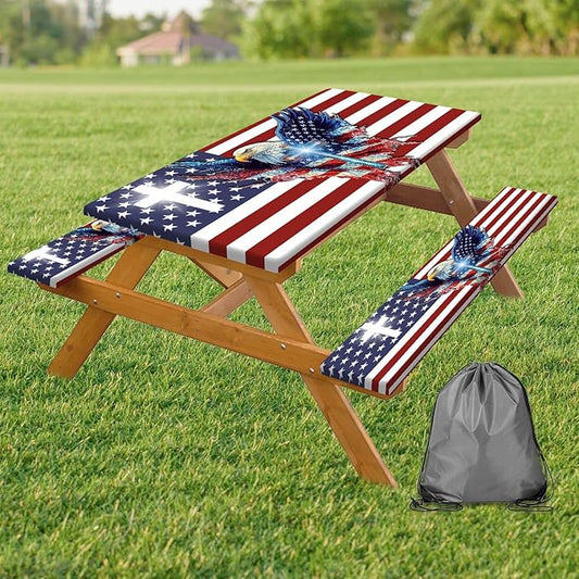 American Flag Picnic Table Cover with Bench Covers, USA Flag Art Eagle Camping Essentials Waterproof Table Cloth Fitted for Table Rectangle and Seats,Outdoor Table Covers with Elastic Windproof Edges