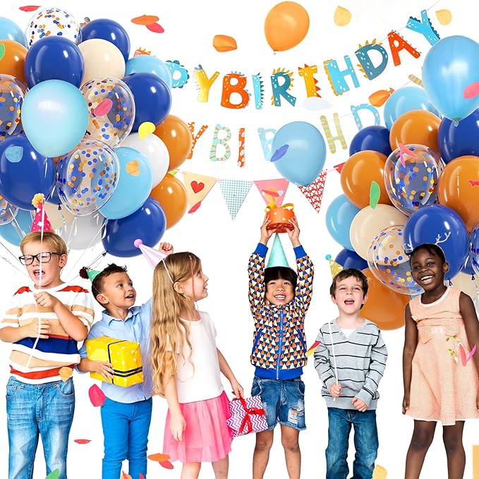 BAUANOOY Blue and Orange Balloons, 60pcs 12 Inch Orange Blue White Nude Latex Balloon with Confetti Balloons Ribbon for Baby Shower Graduation Blue Birthday Party Decorations