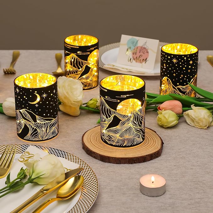 Glass Tealight Candle Holder, SunGlee Votive Candle Holders with LED String Light for Wedding, Birthday, Christmas Party Centerpiece Table Decor, Handmade Candle and Gift for Woman 2Pack