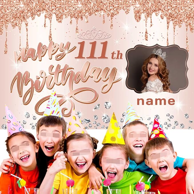 Customizable Rose Gold Happy 111th Birthday Decoration Banner - Personalized with Name and Photo