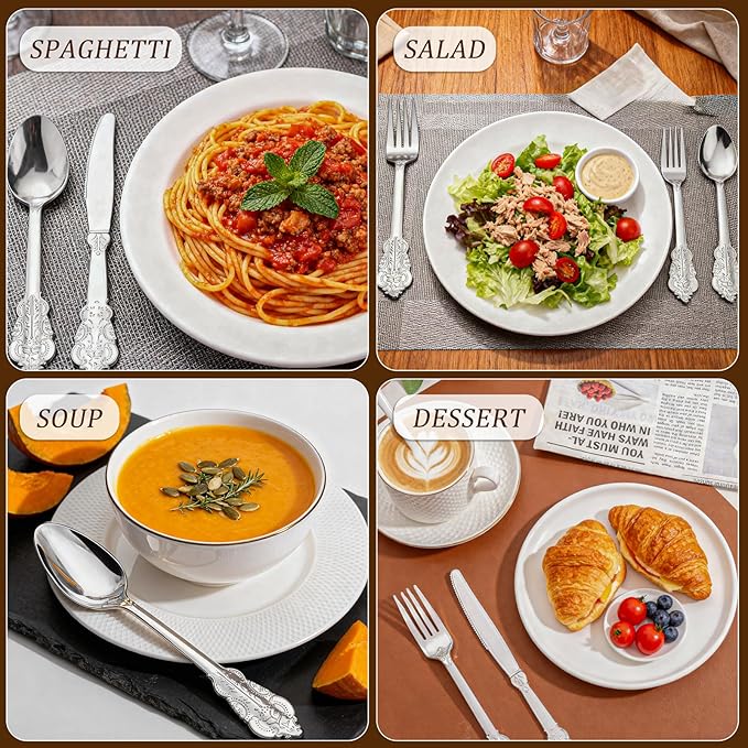 WDF 200 Pieces Silver Plastic Silverware Disposable - 50Guests Silverware Plastic Cutlery - Disposable Utensils Includes 100 Forks, 50 Spoons, 50 Knives Perfect for Christmas Wedding or Party