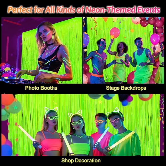 Glow in The Dark Party Supplies 2 Pack Neon Party Decorations Fluorescent Tinsel Foil Fringe Curtains Photo Booth Prop Backdrop Streamer Blacklight Decorations (Neon Yellow)