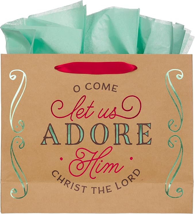 Christian Art Gifts Large Landscape Inspirational Christmas Gift Bag, Tag & Wrapping Tissue Paper Set for Men & Women: Let Us Adore Him, Cute Sturdy Satin Ribbon Handles, Kraft Paper Brown Multicolor