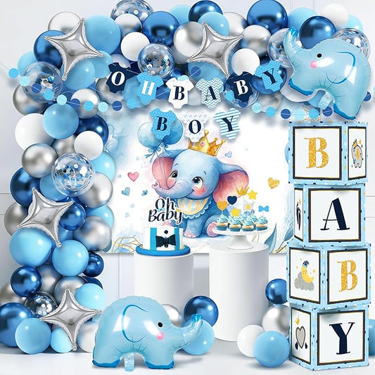 149 pcs Baby Shower Decorations for Boy, 4 Pcs Balloon Boxes,Elephant Foil Balloons, Blue Elephant Theme Baby Shower Decorations Gender Reveal Party Supplies