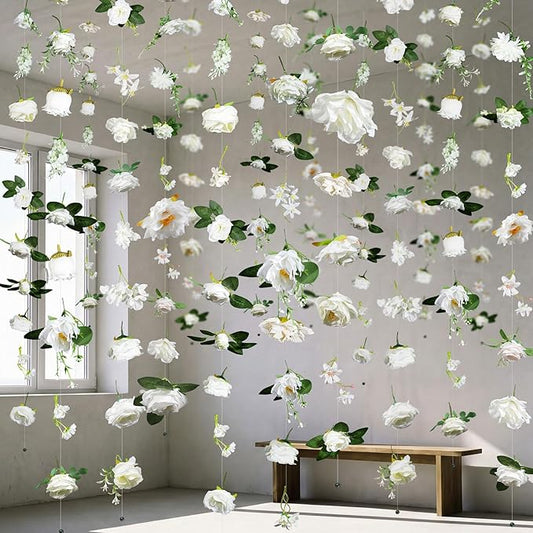 Suncalla 6 Pcs 35.46 ft Flower Garlands Backdrop Spring Artificial Wildflower Vines Floral Decorations for Party Fake Flower Vines Faux Silk Wildflower for Easter Wedding Garden Wall Arch (White)