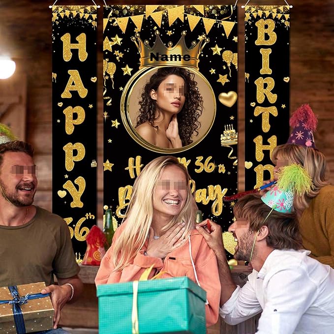 Custom Photo Birthday Banner Set Personalized Name Door Banners Fabric Backdrop Birthday Decorations Party Supplies Background for Indoor Outdoor Front Door Sign(Black and Gold)