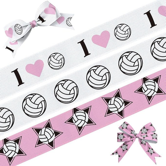 3 Rolls 15 Yards Volleyball Ribbon White Pink Sports Ball Ribbons for Hair Bows Crafts Gift Wrapping 5/8'' Ball Game Ribbons for Sport Team Birthday Party Home Decoration