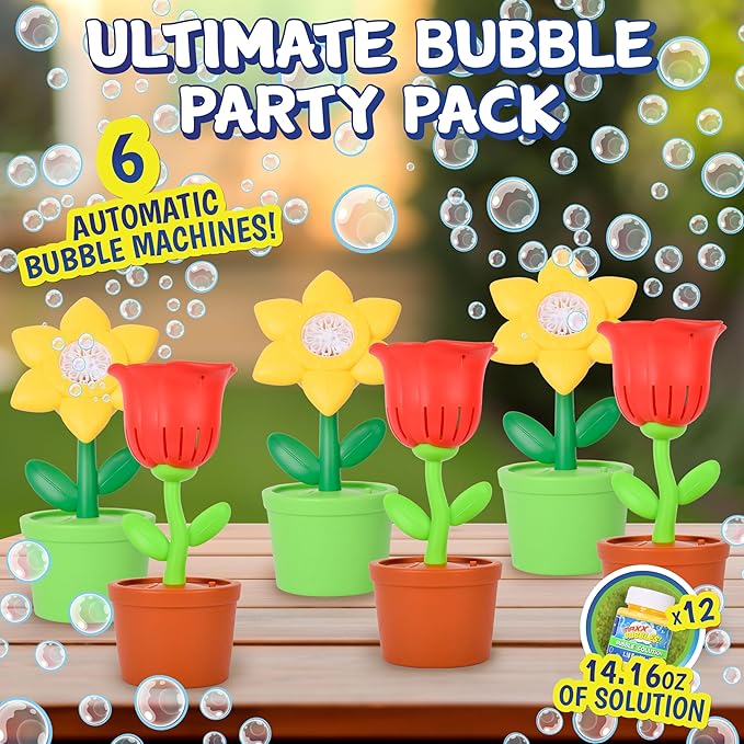6 Flower Bubble Machines with 12 Bottles Refill Solution, Bubble Maker Party Pack, Flower Bubble Blowers with Music for Kids, Summer Outdoor Garden Bubble Toy, Spring Party Decoration, Garden Gift
