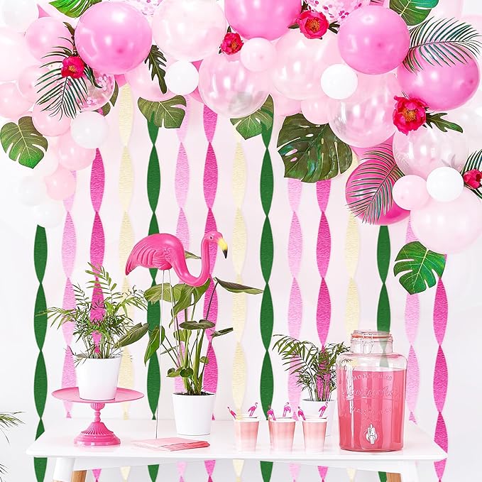 Pink and Green Crepe Paper Streamers 8 Rolls 656ft Party Streamers for Hawaiian, Flamingo, Witch Theme Party, Birthday and Wedding Decorations