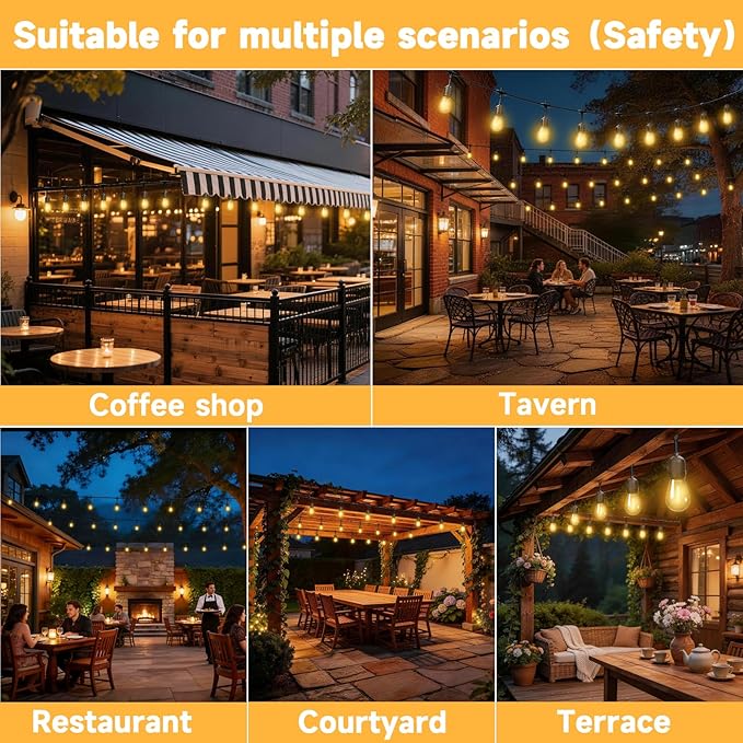 Outdoor Safety String Lights 100FT - Commercial Grade Low Voltage Strand with 40 S14 Shatterproof Bulbs for Tree Garden Yard bistro Cafe | Warm Yellow 3500K Party Lights | IP65 Waterproof | UL Listed