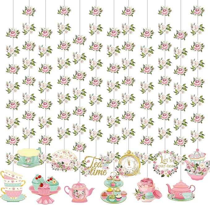 Fullhawl 12 Pack 32'' Tea Party Decorations Floral Double Sided Hanging Garland Floral Tea Party Banner Hanging Decorations for Bridal Shower Princess Birthday Wedding Favors