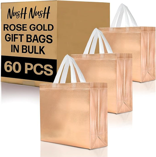Nush Nush Large Rose Gold Gift Bags Bulk - Set of 60 Shiny Rose Gold Reusable Gift Bags Large Size with Handles - For Small Business, Birthday Party Favors, Bridesmaids, Mothers Day - 13Wx5Dx11H