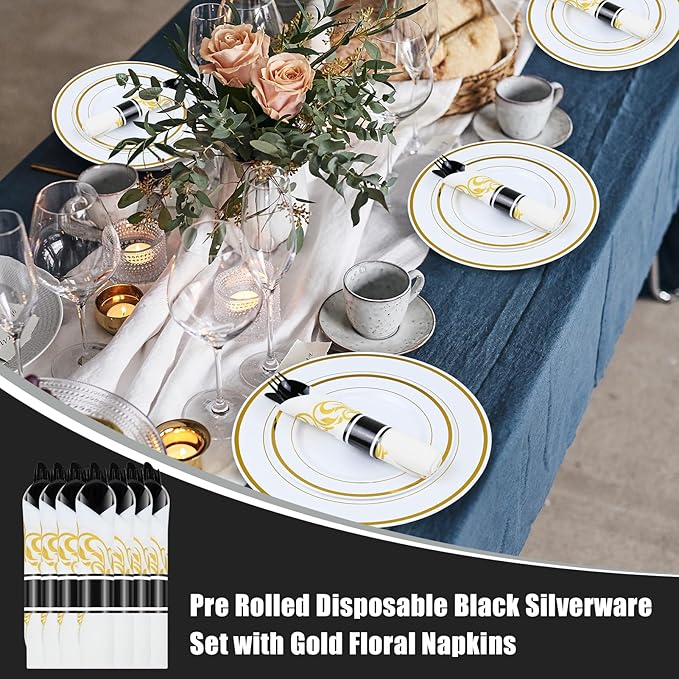 100 Pack Black Plastic Silverware, Pre Wrapped Cutlery Set with Gold Sun Pattern Napkin, Rolled Disposable Utensils Heavy Duty for Wedding, Party, Event Supplies