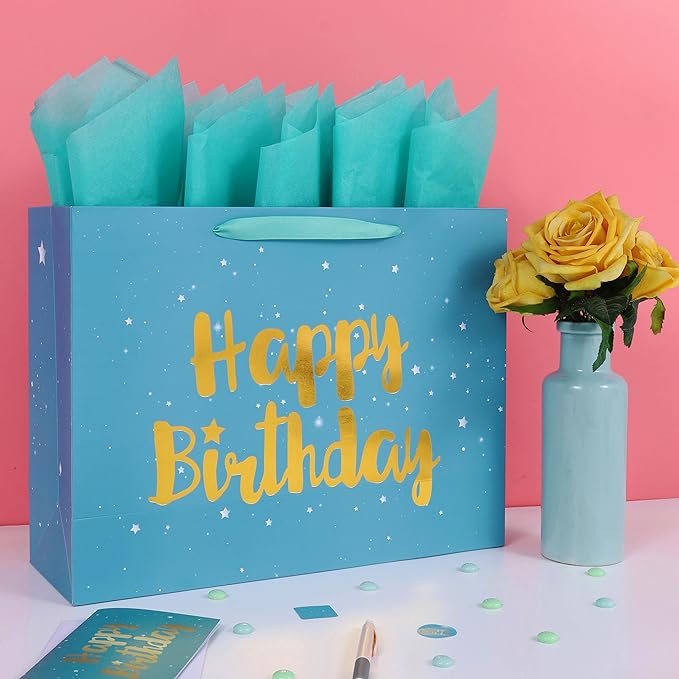 Qirrmiy 16.5” Extra Large Teal Blue Happy Birthday Gift Bag Set with Handles, Green Greeting Card, Tissue Papers and Stickers for Men Boys Women Girls Kids, Stars Design, 1 Pcs.