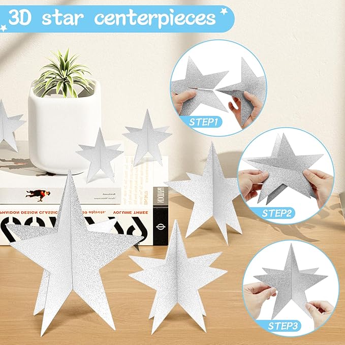 Silver Star Centerpieces - 3D Star Decorations in 3 Sizes - Awards Night, Christmas, Movie Night, Birthday Party Supplies (Set of 35)