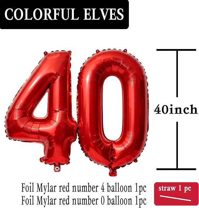Red Number 40 Balloons 40 Inch Giant Number Red 40 Foil Mylar Balloons for 40th Birthday Anniversary Events Party Decorations