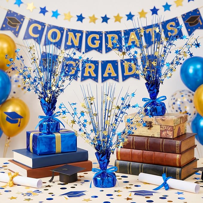 Crowye 3 Pieces Metallic Foil Spray Centerpiece Birthday Table Decoration Star Burst Centerpieces Graduation Table Decor for Birthday 2026 Party Holiday(Blue Gold)