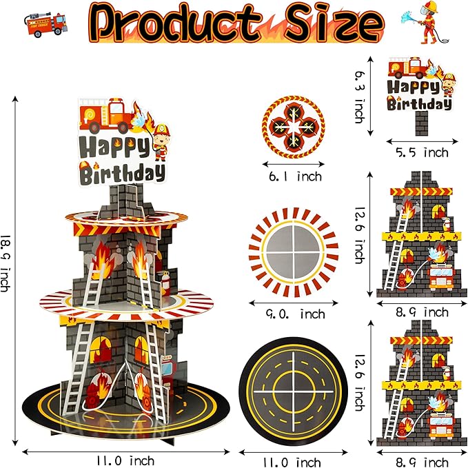 Haooryx Firefighter Cupcake Stand - 3 Tier Fire Truck Cupcake Tower Cardboard Happy Birthday Dessert Holder Pastry Platter Kids Adult Firefighter Theme Birthday Party Table Decoration Supplies