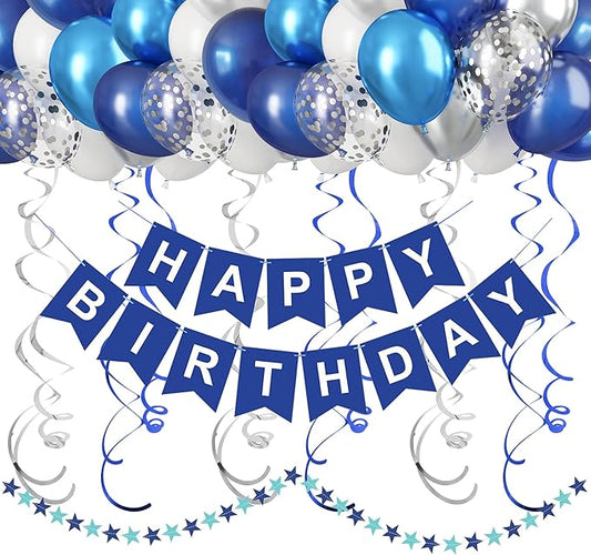 CANREVEL Blue and White Happy Birthday Decorations, Happy Birthday Banner, Metallic Hanging Swirls, Circle Dots Garland, Party Balloons, Blue and White Birthday Party Supplies Decorations for Men Boys