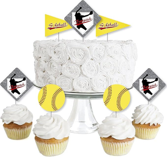 Big Dot of Happiness Grand Slam - Fastpitch Softball - Dessert Cupcake Toppers - Birthday Party or Baby Shower Clear Treat Picks - Set of 24