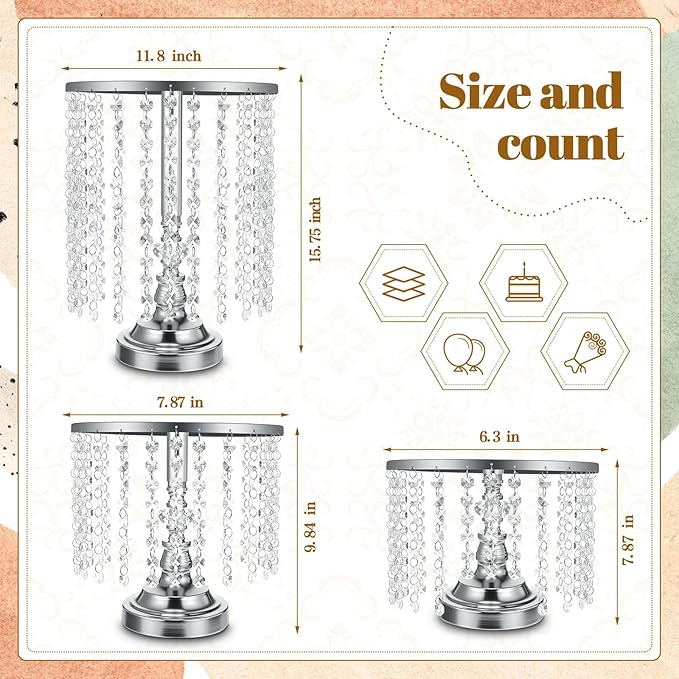 Bokon 6 Pcs Crystal Cake Stand Round Dessert Cupcake Holder Metal Stand Table Cake Pedestal with Crystal Pendant Wedding Bead Dessert Cupcake Pastry Display Plate for Wedding Birthday Party (Silver)