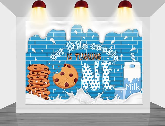 Mocscika Our Little Cookie is Turning One Backdrop Cookie Milk 1st Birthday Party Decoration for Boys Kids Blue Wall Decor Photography Background (White, 10x8ft(120''x96''))