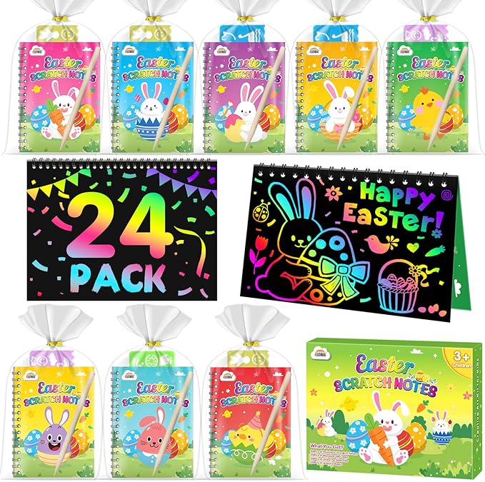 ZMLM Easter Classroom Gifts For Students: 24 Pack Scratch Rainbow Art Notebook Paper, Party Favors For Kids 4-8, Birthday Goodie Bags Stuffers, Student Prizes From Teacher, Kindergarten Toy