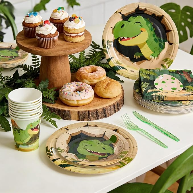 144Pcs Dinosaur Egg Birthday Party Supplies Decorations Dino Themed Paper Plates Napkins Vintage Dinosaur Party Tableware Disposable Dinnerware for Boy Kid Birthday Baby Shower Table Decor, Serve 24
