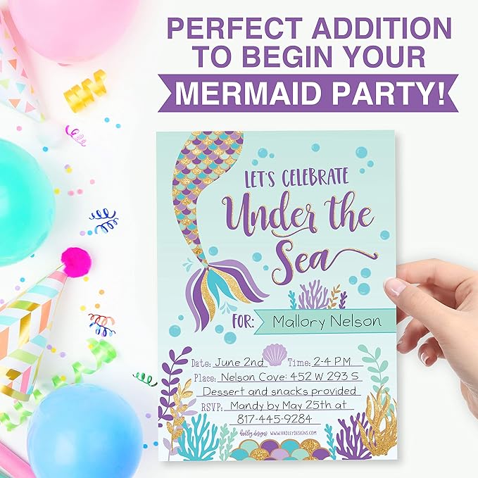 Hadley Designs Kids Birthday Invitations Girl Mermaid Theme - 25 Mermaid Birthday Party Invitations For Girls, Under the Sea Invites For Girls, Cute Party Supplies, Made in USA