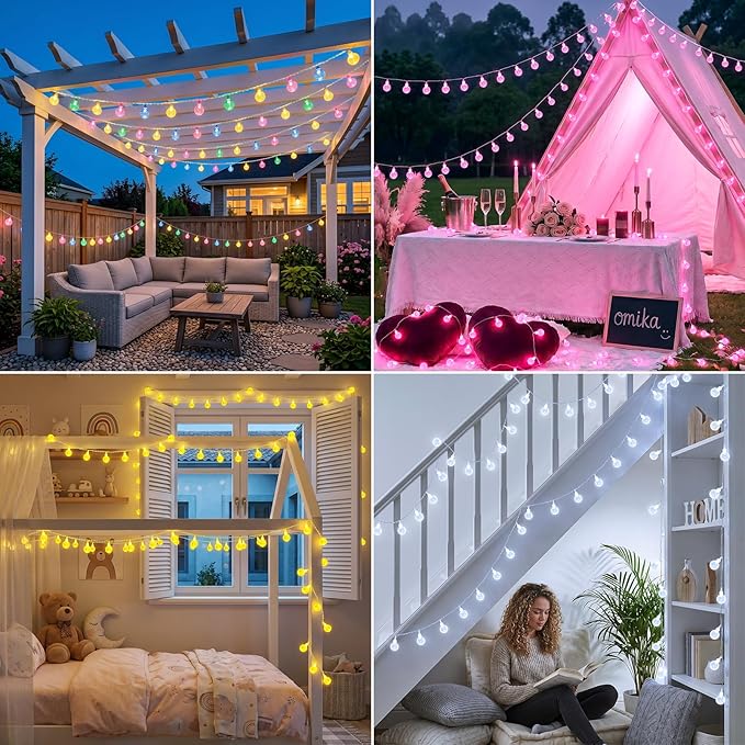 OMIKA 50FT 100LED Outdoor String Lights Plug in, APP & Remote Control Smart Crystal Globe Lights, Dimmable RGB & Warm White Patio Lights with Timer, Music Sync for Christmas Garden Party