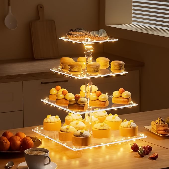 4 Tier Acrylic Cupcake Display Stand, Cupcake Tower Stand with Light, Cupcake Tier Stand for 50 Cupcakes, Clear Cupcake Stands for Weddings, Birthdays, Party, Graduation