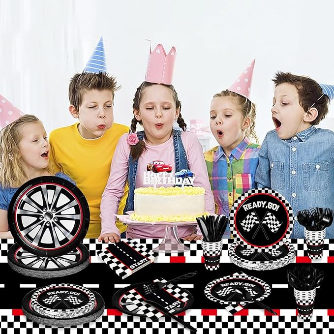 175 Pcs Race Car Birthday Party Decorations Racing Checkered Set Includes Plates, Napkins, Cups, Cutlery for Race Car Theme Birthday Decorations Serves 25