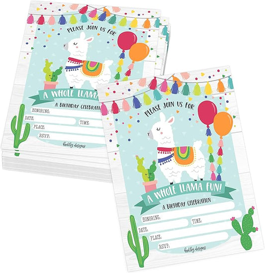 Hadley Designs Kids Birthday Invitations For Boys and Girls Mexican Theme - 25 Llama Birthday Party Invitations For Boys, Fiesta Invites For Girls, Cute Alpaca Cactus Party Supplies, Made In USA