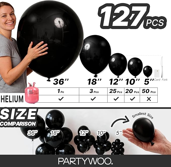 PartyWoo Black Balloons 99 pcs Different Sizes of 36 18 12 10 5 Inch Black Balloons Arch Kit Garland for Baby Shower Birthday Graduation Casino Gaming Anniversary Race Car Party Decorations Black-Y18