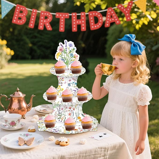 Wildflower Cupcake Stand, Cake Stand Wildflower Party Decorations 3 Tier Flower Cupcake Holder, Flower Birthday Decorations Dessert Table Display Set Wedding Cake Stands