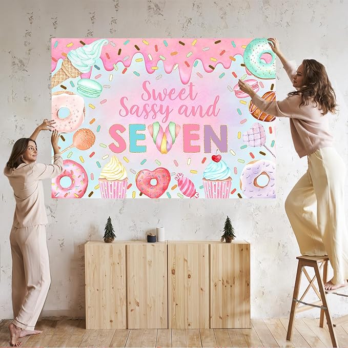 Mocsicka Donut 7th Birthday Backdrop Sweet Sassy and Seven for Girl Birthday Party Decorations Banner Seven Years Old Birthday Photography Background Photo Booth Props (10x8ft(120''x96''), Pink)