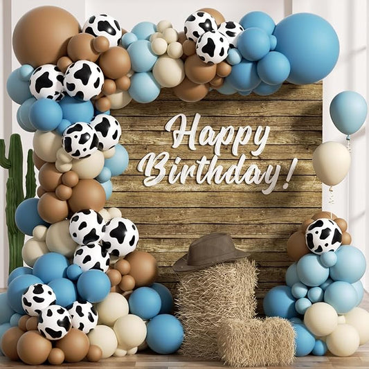 Cowboy Balloons Garland Arch Kit - 5 10 12 18 inch Brown Slate Blue Dusty Blue Sand White Cow Print Balloons for Anniversary, Baby Shower, Birthday, Farm, Western, Cowboy Party Decoration