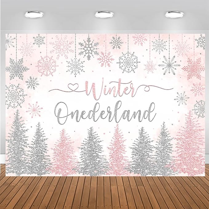 Mocsicka Winter Onederland Backdrop Winter Wonderland First 1st Birthday Party Decoration for Girl Pink Silver Snowflake Christmas Birthday Banner Photo Booth Props (Pink, 7x5ft(82''x60''))